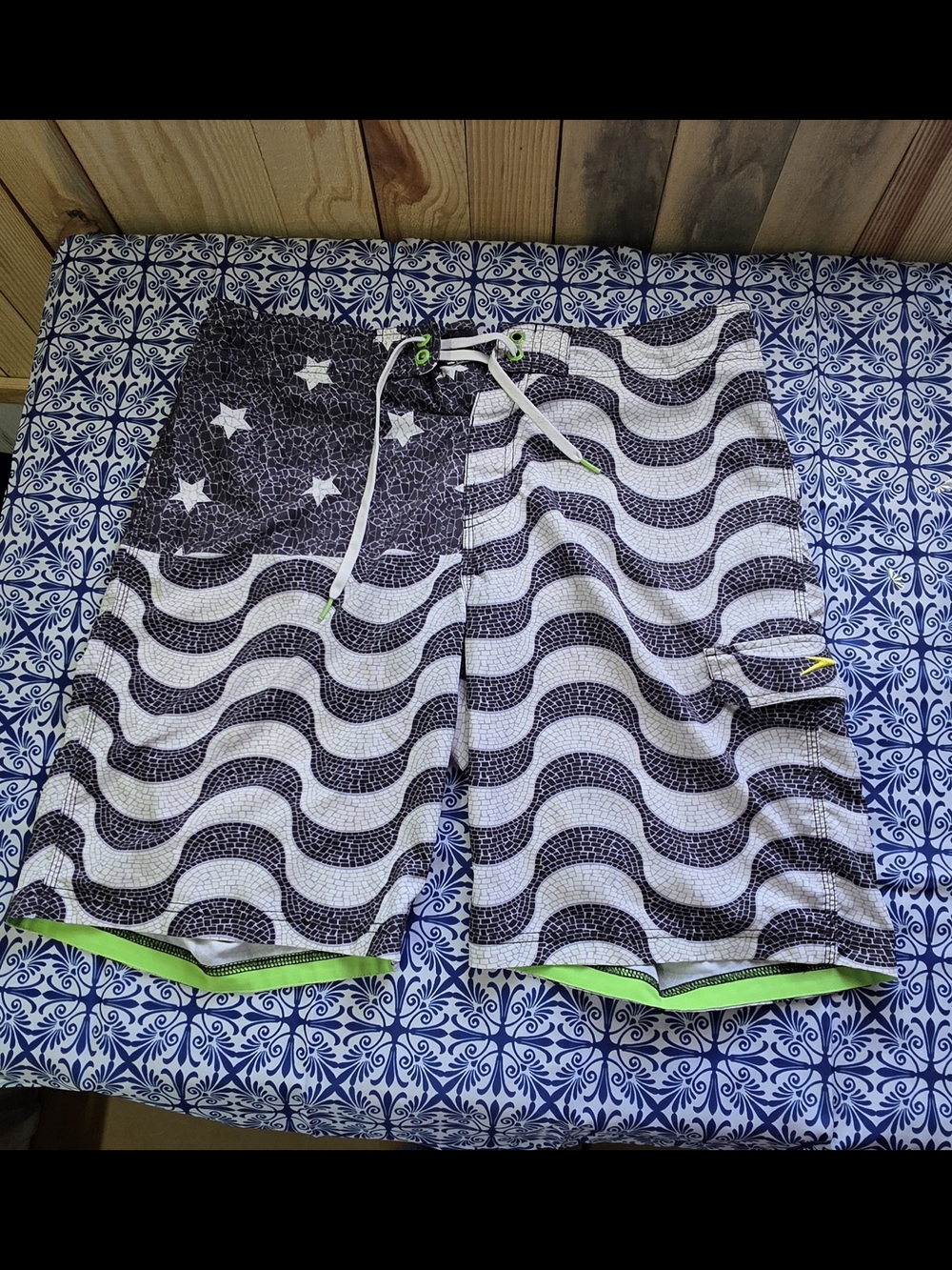 Speedo Black & White American Flag Wave Swim Board Shorts